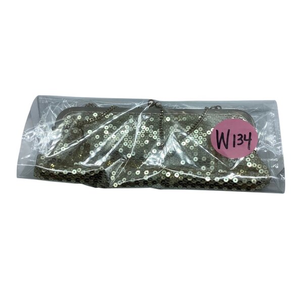 Ann Taylor LOFT Gold Sequin Clutch Purse Chain Strap Kiss Lock Evening Bag - Picture 6 of 6